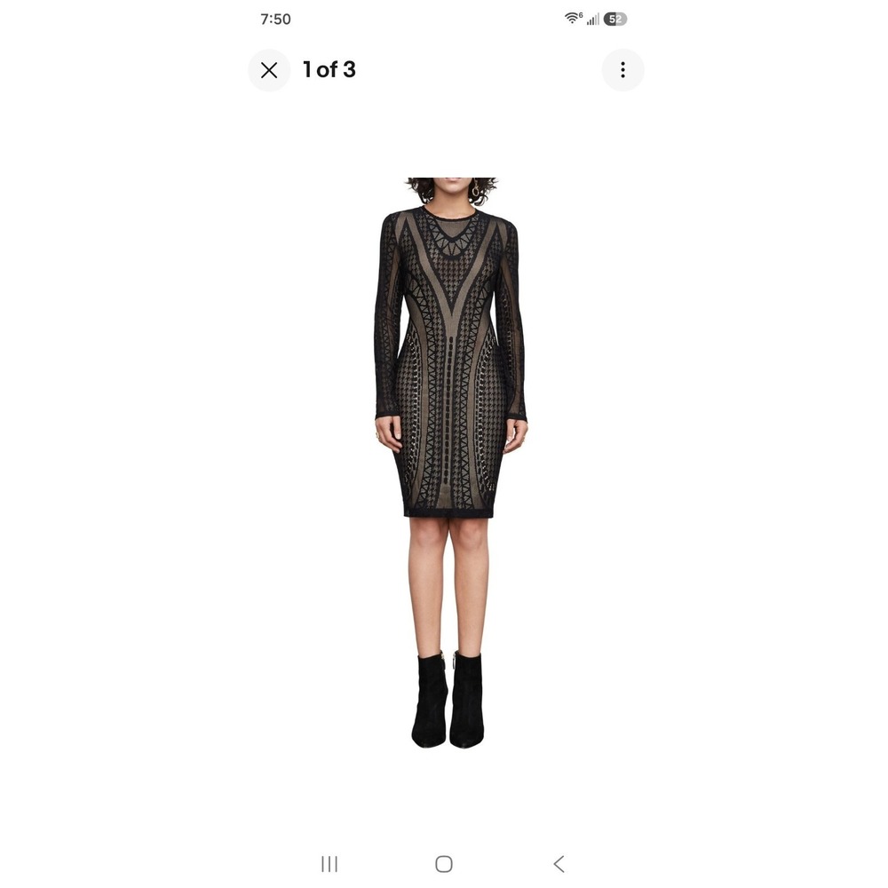 BCBGMAXAZRIA Lala Lace Sheath Dress Black Nude Illusion Long Sleeve S/M